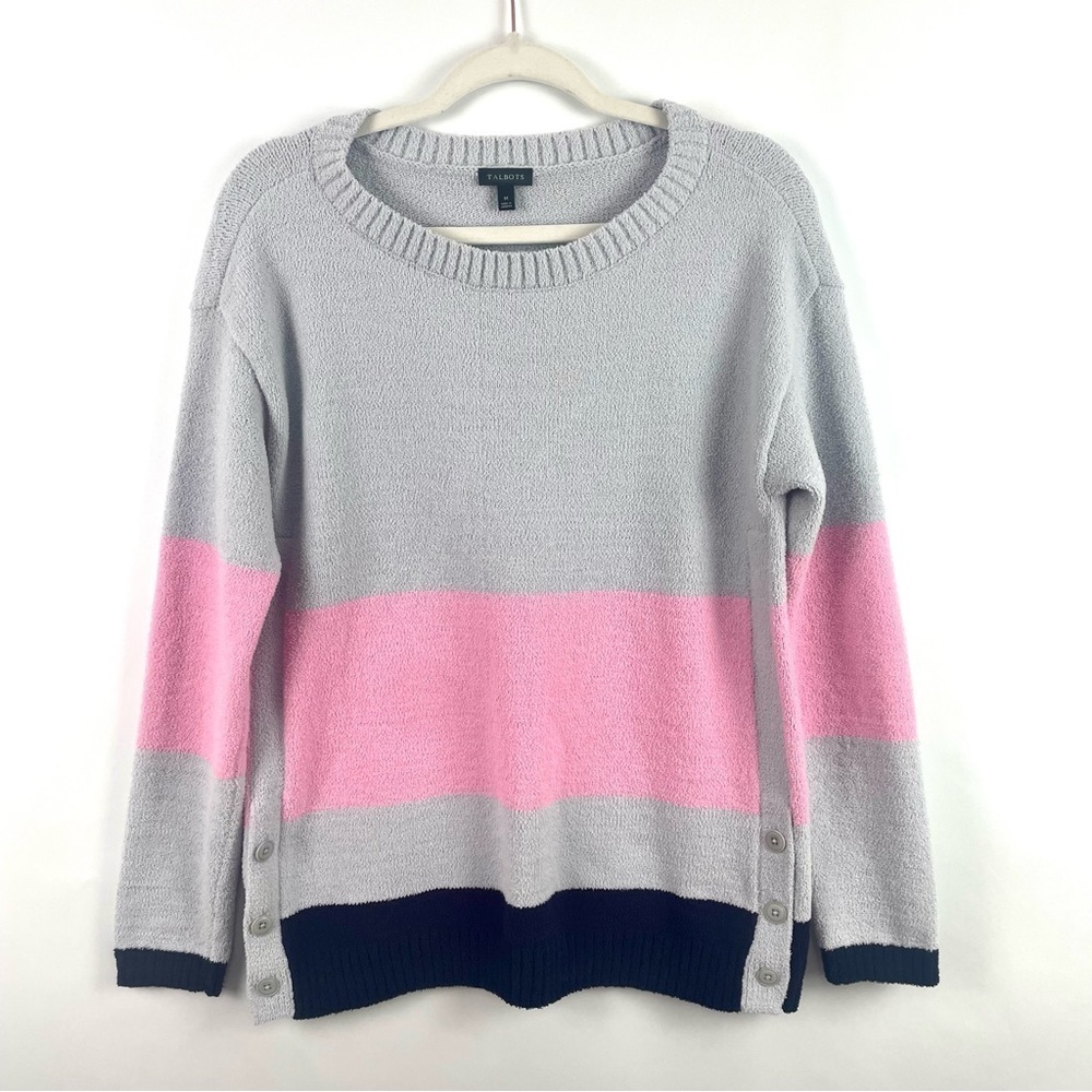 Talbots Cozy Knit Sweater Pink Gray Navy Color Block Side‎ Buttons Soft Plush M